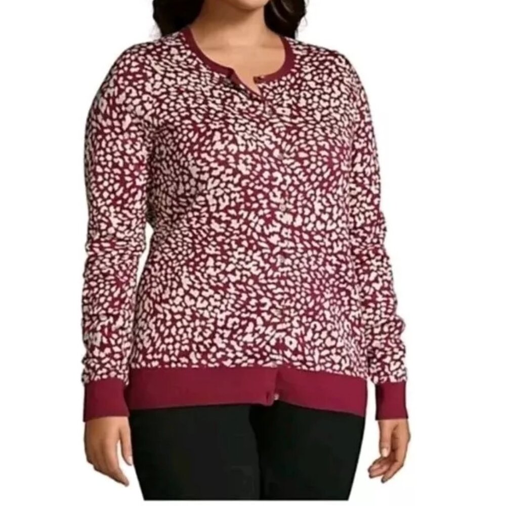 LANDS' END 100% Supima Cotton Animal Print Cardigan Burgundy/White Size XL